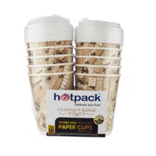 Hotpack 10-Piece Double Wall Paper Cups With Lid Set - Brown