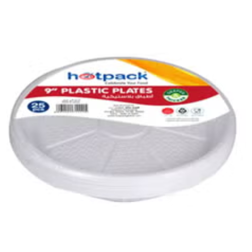 Hotpack 25-Piece Disposable Plastic Plates, 9 Inch - White
